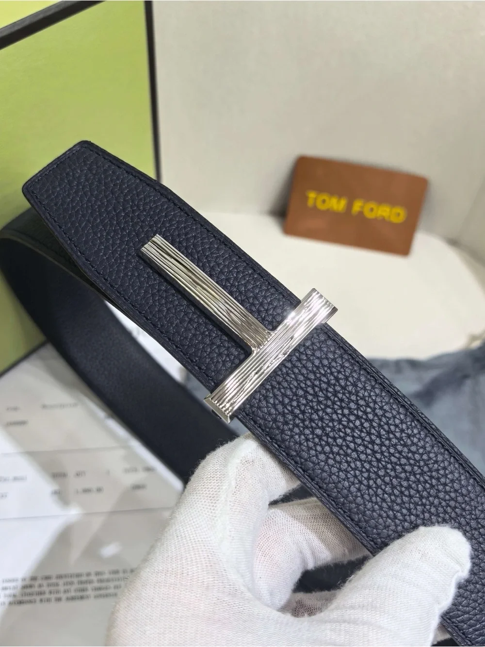 Tom Ford Navy Textured Leather Belt with Silver T Buckle